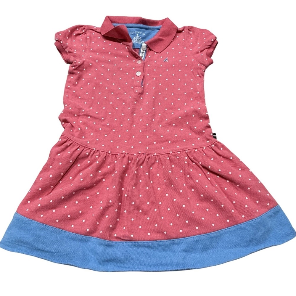 Nautica Pink And Blue Polka Dot Dress Girls Size 5 Butterfly Sleeve Summer Light
